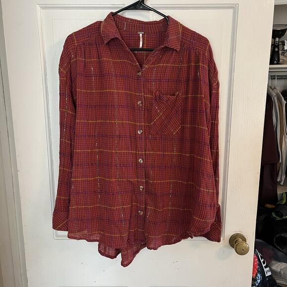 Free People XS Plaid Button Down Shirt Western Boho Grunge Top Gauzy Cotton - Picture 1 of 10